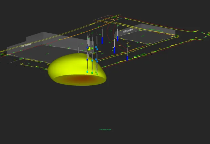 3D groundwater contaminant plume model with a color-coded TCE concentration legend